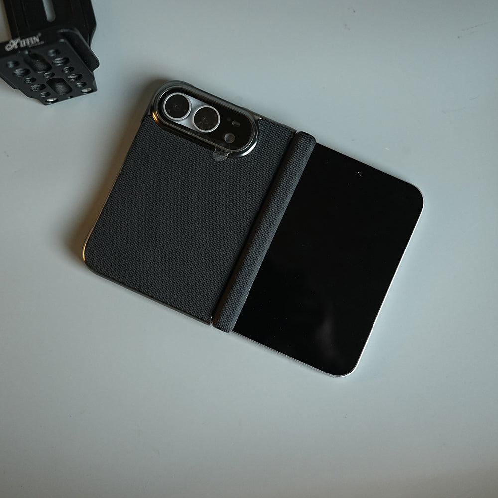 Premium Micro-Grid Textured Case for iPhone Duo with Chrome Finish, Camera Glass &amp; Hinge Protection