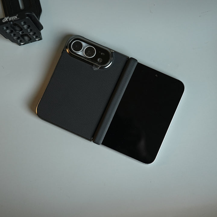 Premium Micro-Grid Textured Case for iPhone Duo with Chrome Finish, Camera Glass &amp; Hinge Protection