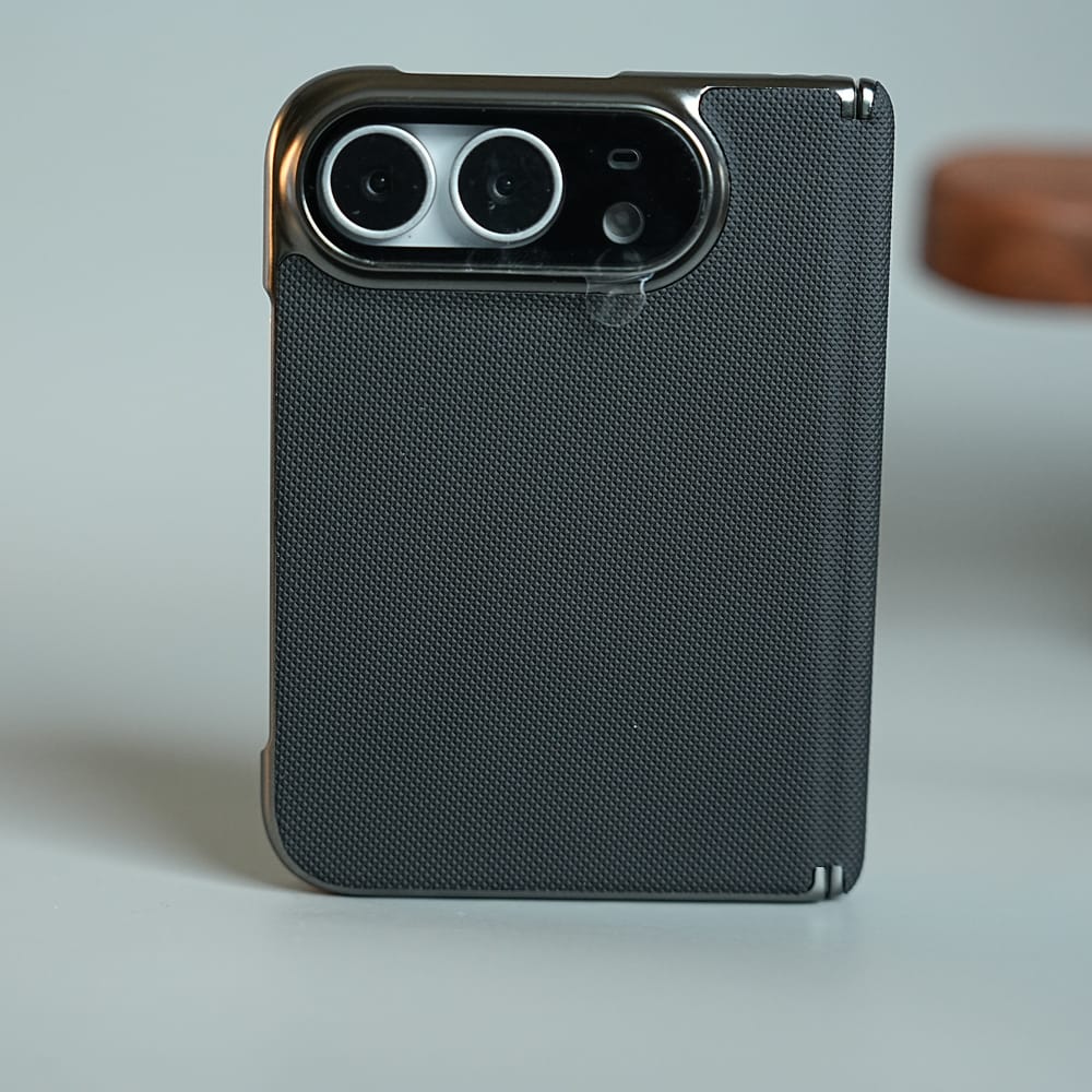 Premium Micro-Grid Textured Case for iPhone Duo with Chrome Finish, Camera Glass &amp; Hinge Protection