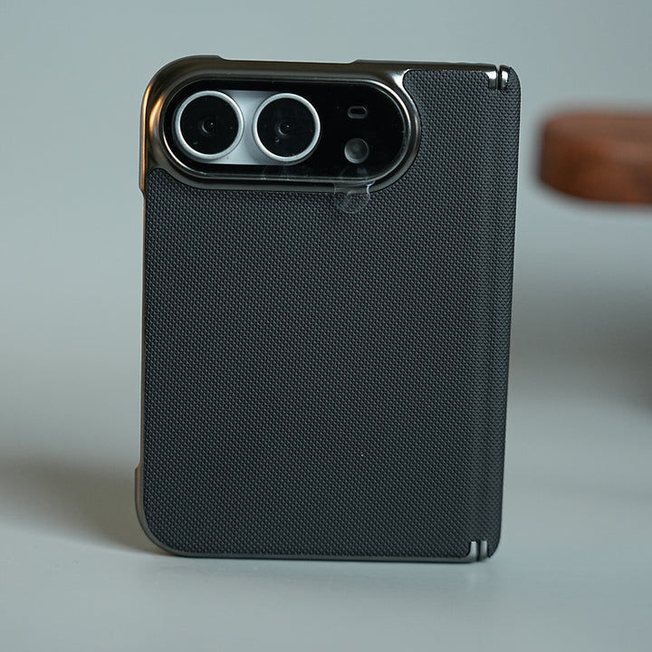 Premium Micro-Grid Textured Case for iPhone Duo with Chrome Finish, Camera Glass &amp; Hinge Protection
