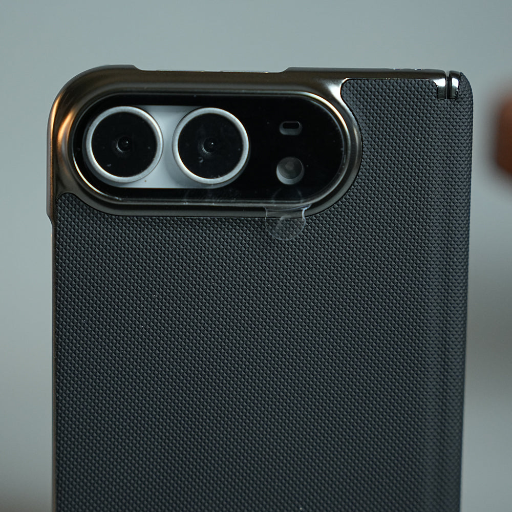 Premium Micro-Grid Textured Case for iPhone Duo with Chrome Finish, Camera Glass &amp; Hinge Protection