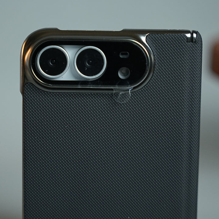 Premium Micro-Grid Textured Case for iPhone Duo with Chrome Finish, Camera Glass &amp; Hinge Protection