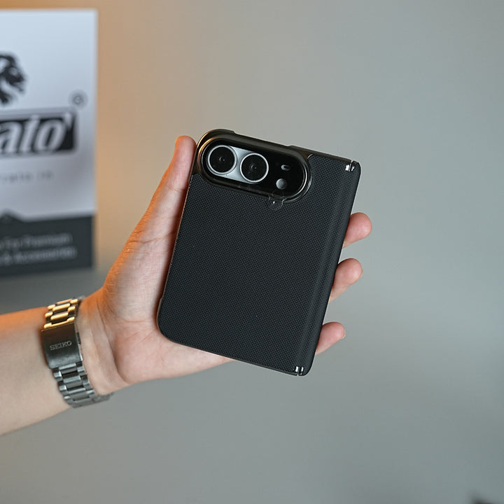 Premium Micro-Grid Textured Case for iPhone Duo with Chrome Finish, Camera Glass &amp; Hinge Protection