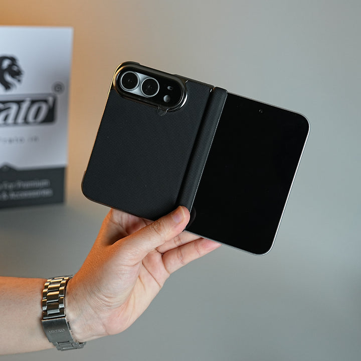Premium Micro-Grid Textured Case for iPhone Duo with Chrome Finish, Camera Glass &amp; Hinge Protection