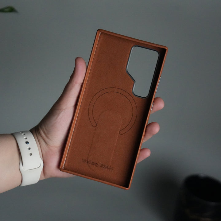 Galaxy S24 Ultra Premium Leather-Texture Back Case with Metal Kickstand | Shockproof Cover