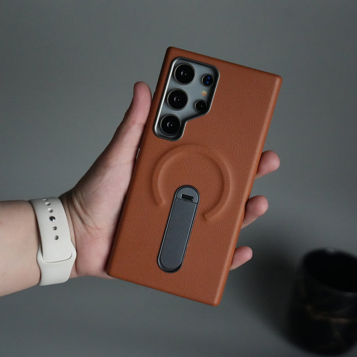 Galaxy S24 Ultra Premium Leather-Texture Back Case with Metal Kickstand | Shockproof Cover