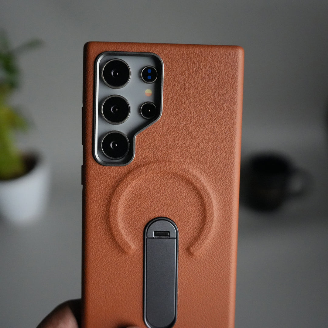 Galaxy S24 Ultra Premium Leather-Texture Back Case with Metal Kickstand | Shockproof Cover