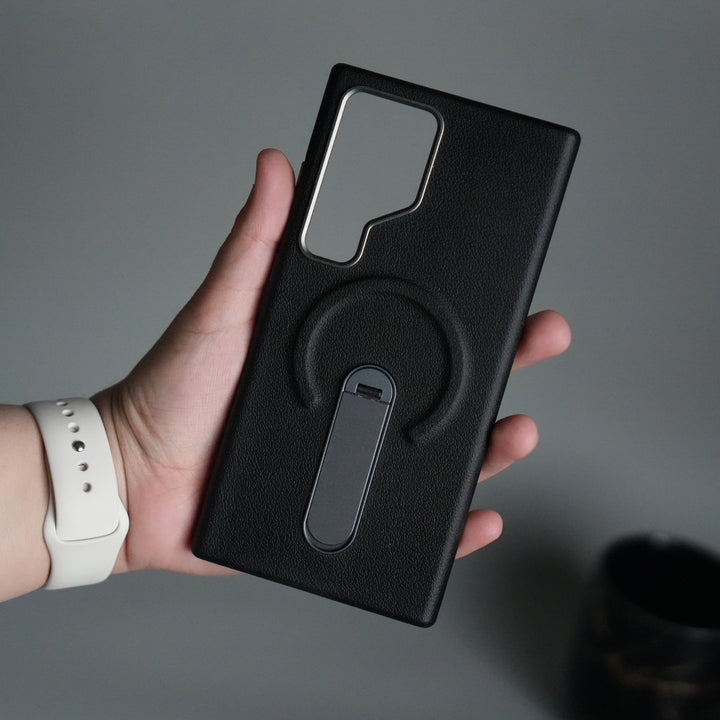 Galaxy S24 Ultra Premium Leather-Texture Back Case with Metal Kickstand | Shockproof Cover