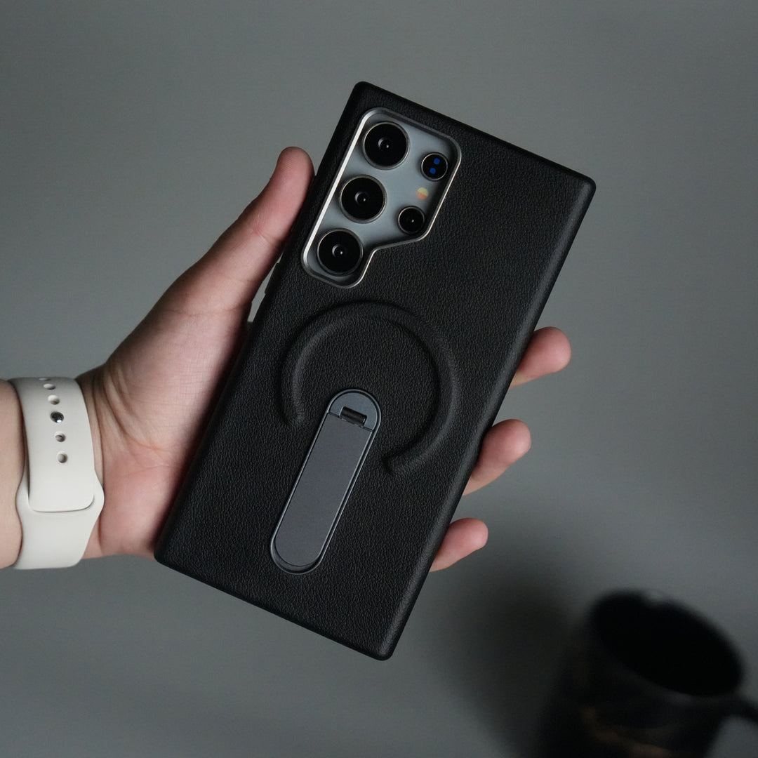 Galaxy S24 Ultra Premium Leather-Texture Back Case with Metal Kickstand | Shockproof Cover