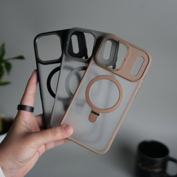 iPhone 17 Pro Max Frosted Case with Metal Camera Bump & Metal Kickstand | Shockproof Matte Hybrid Cover