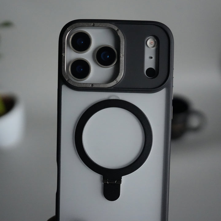 iPhone 17 Pro Max Frosted Case with Metal Camera Bump & Metal Kickstand | Shockproof Matte Hybrid Cover