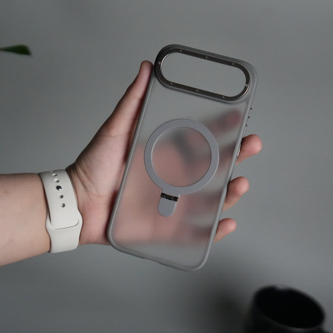 iPhone 17 Air Frosted Case with Metal Camera Bump & Metal Kickstand | Shockproof Matte Hybrid Cover