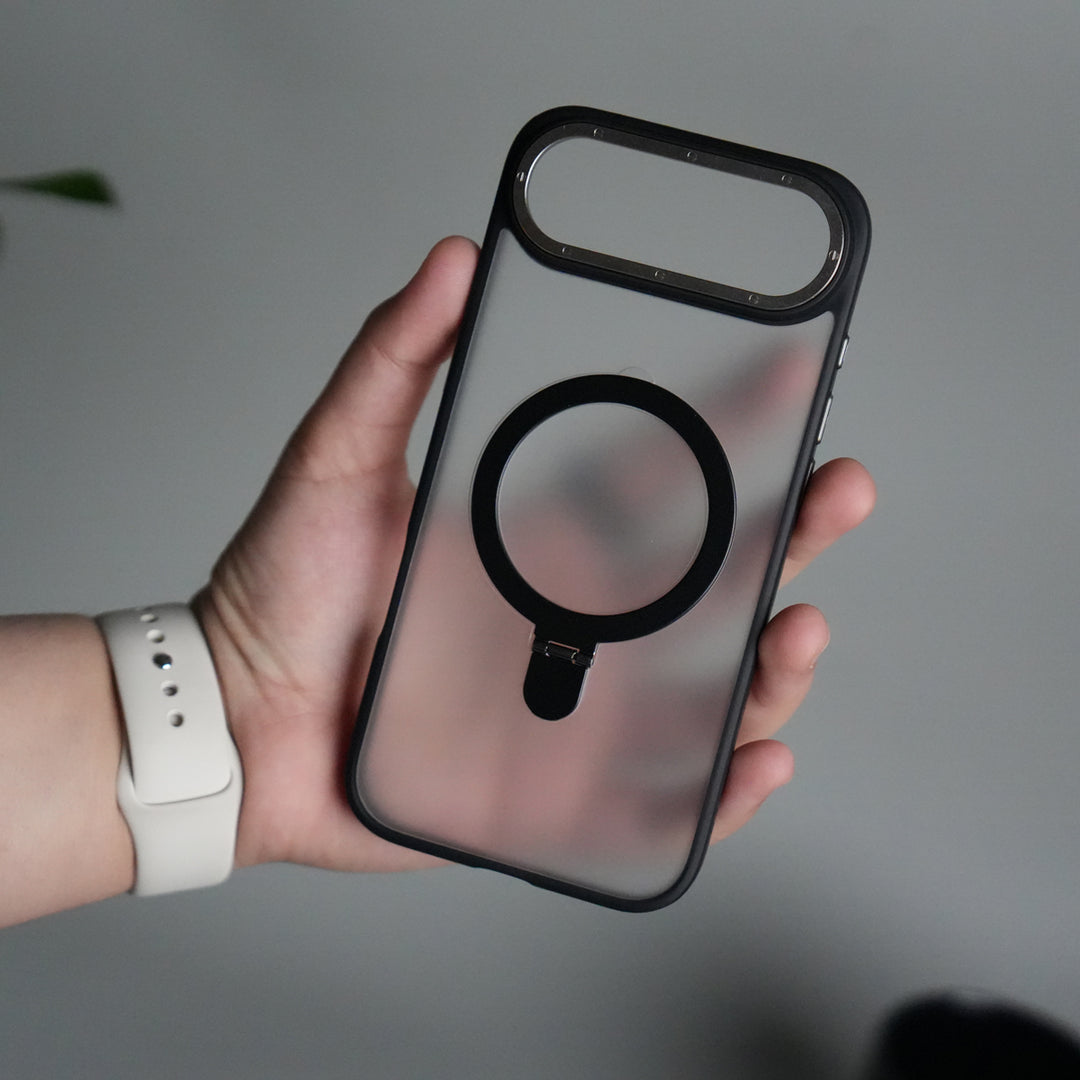 iPhone 17 Air Frosted Case with Metal Camera Bump & Metal Kickstand | Shockproof Matte Hybrid Cover