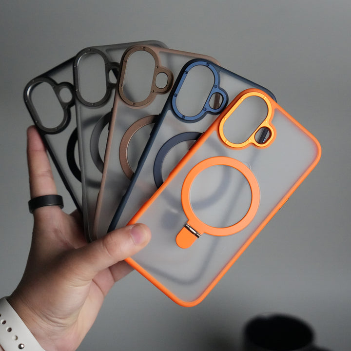 iPhone 17 Frosted Case with Metal Camera Bump & Metal Kickstand | Shockproof Matte Hybrid Cover