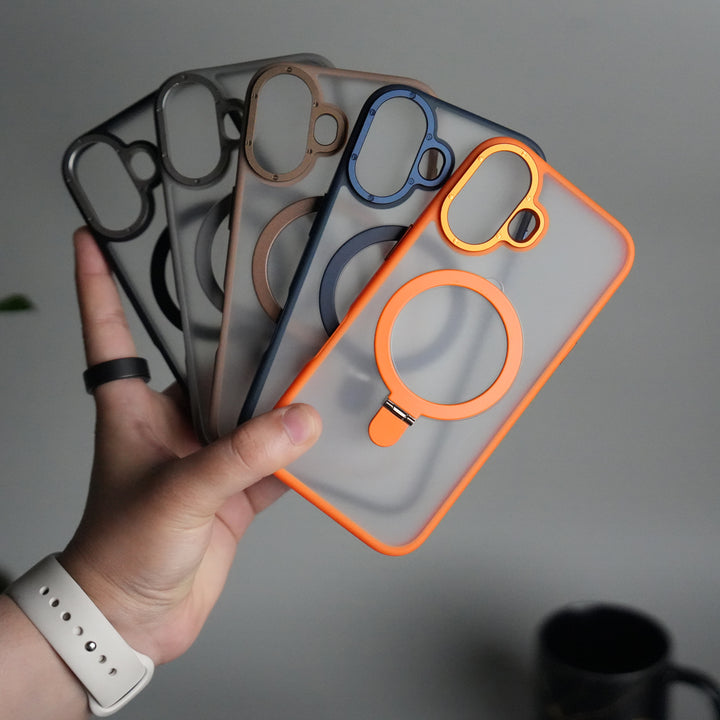 iPhone 17 Frosted Case with Metal Camera Bump & Metal Kickstand | Shockproof Matte Hybrid Cover