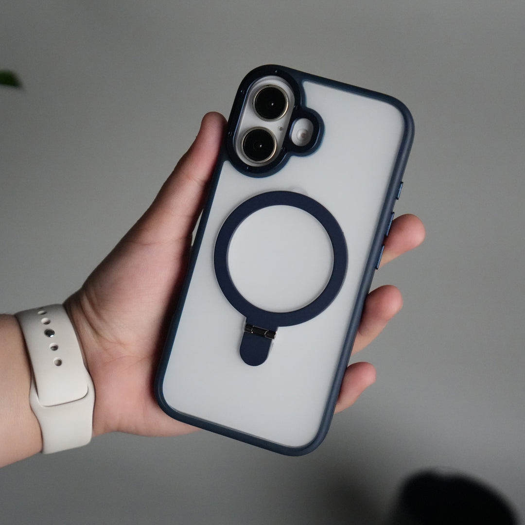 iPhone 17 Frosted Case with Metal Camera Bump & Metal Kickstand | Shockproof Matte Hybrid Cover