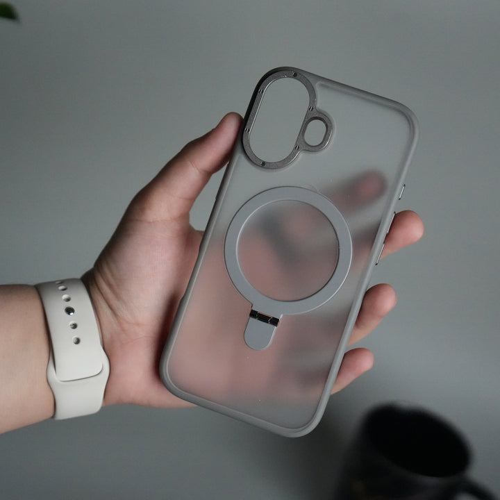 iPhone 17 Frosted Case with Metal Camera Bump & Metal Kickstand | Shockproof Matte Hybrid Cover