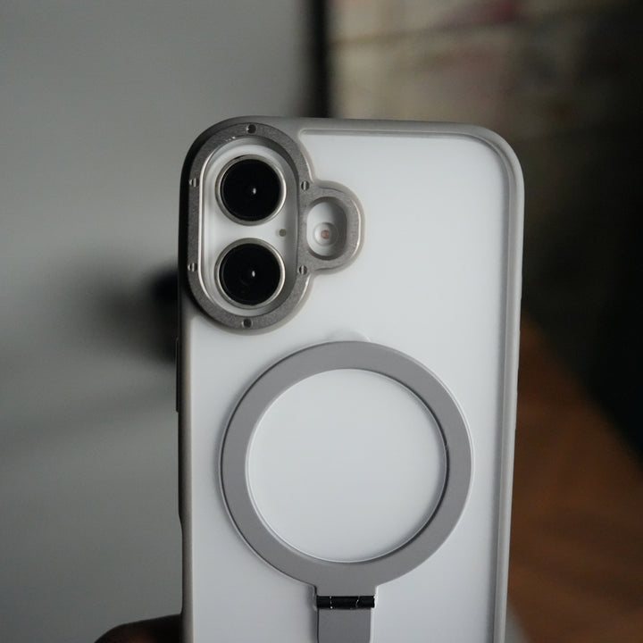 iPhone 17 Frosted Case with Metal Camera Bump & Metal Kickstand | Shockproof Matte Hybrid Cover