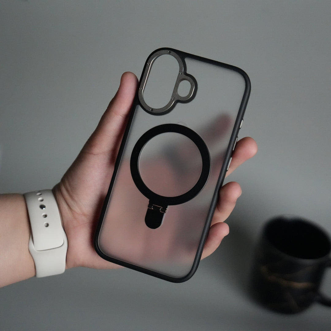 iPhone 17 Frosted Case with Metal Camera Bump & Metal Kickstand | Shockproof Matte Hybrid Cover