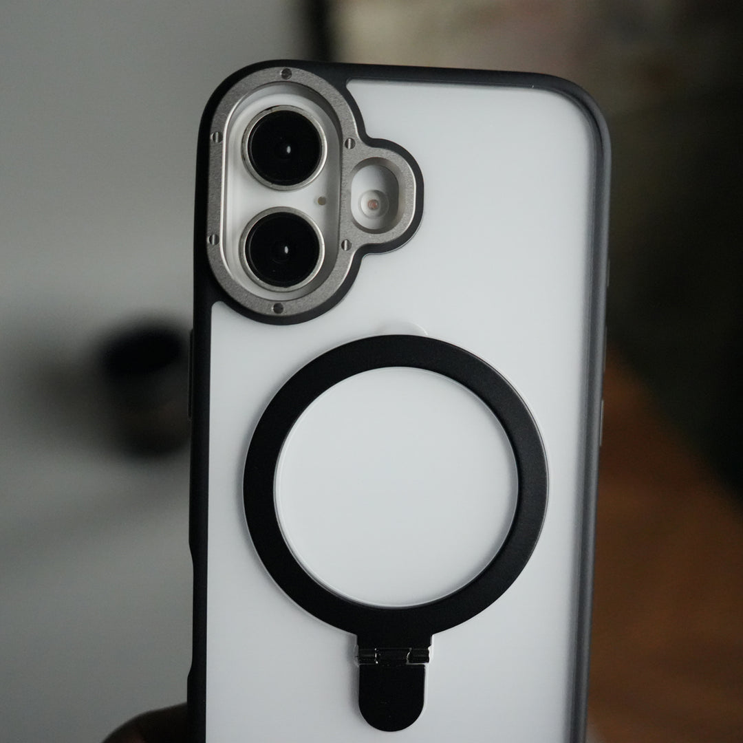 iPhone 17 Frosted Case with Metal Camera Bump & Metal Kickstand | Shockproof Matte Hybrid Cover