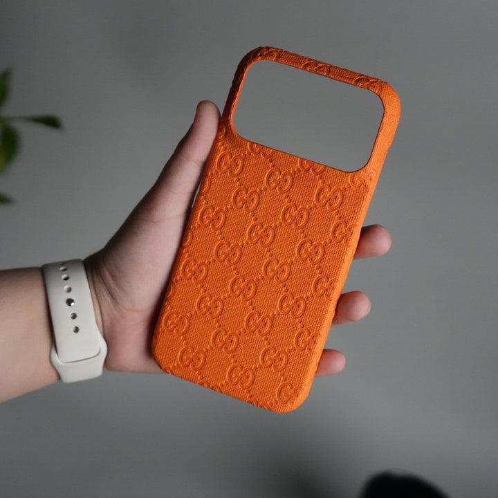 iPhone 17 Series Luxury GG Full PU Leather Designer Case Cover | Orange