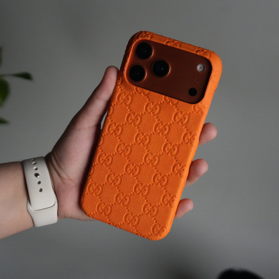 iPhone 17 Series Luxury GG Full PU Leather Designer Case Cover | Orange