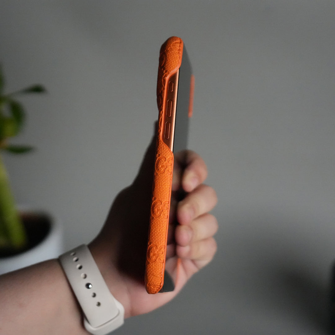 iPhone 17 Series Luxury GG Full PU Leather Designer Case Cover | Orange