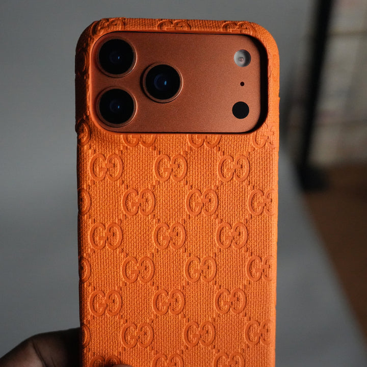 iPhone 17 Series Luxury GG Full PU Leather Designer Case Cover | Orange