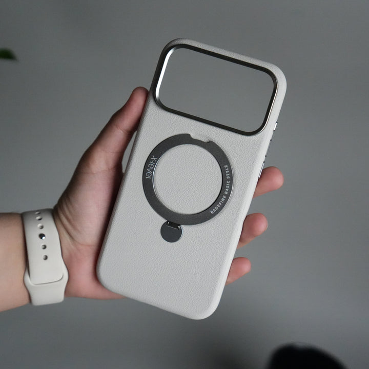 iPhone 17 Pro Max Premium Leather Kickstand Case | Metal Ring Stand | Shockproof Back Cover