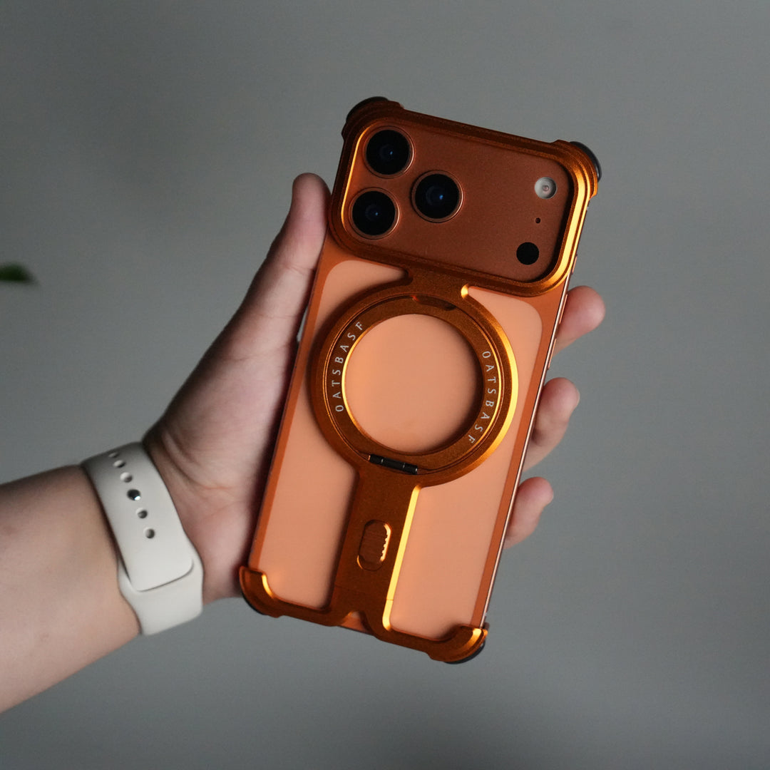 iPhone 17 Pro Metal Frameless Bumper Case | Blue Aluminum Protective Cover with 360° Rotating Stand