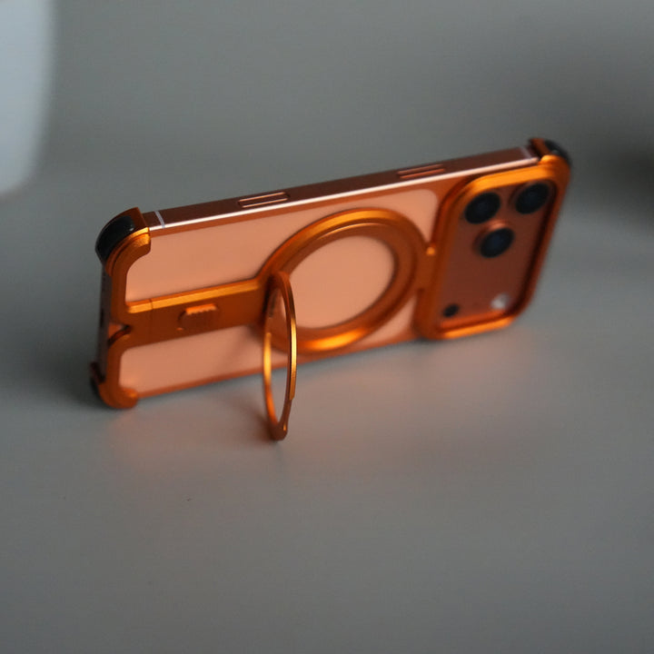 iPhone 17 Pro Metal Frameless Bumper Case | Blue Aluminum Protective Cover with 360° Rotating Stand