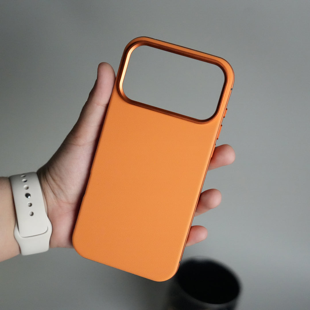 iPhone 17 Series Metal Side Bumper Leather Feel Magsafe case Cover | Orange