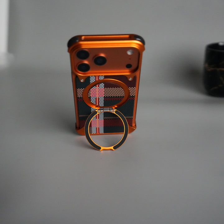 iPhone 17 Series Kevlar Fiber Texture Frameless Metal Kickstand Case | Orange