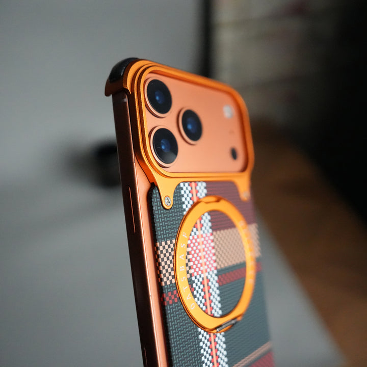 iPhone 17 Series Kevlar Fiber Texture Frameless Metal Kickstand Case | Orange