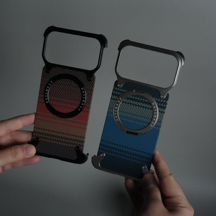 iPhone 17 Series Kevlar Fiber Texture Frameless Metal Kickstand Case
