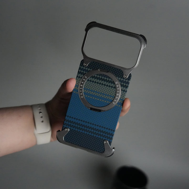 iPhone 17 Series Kevlar Fiber Texture Frameless Metal Kickstand Case