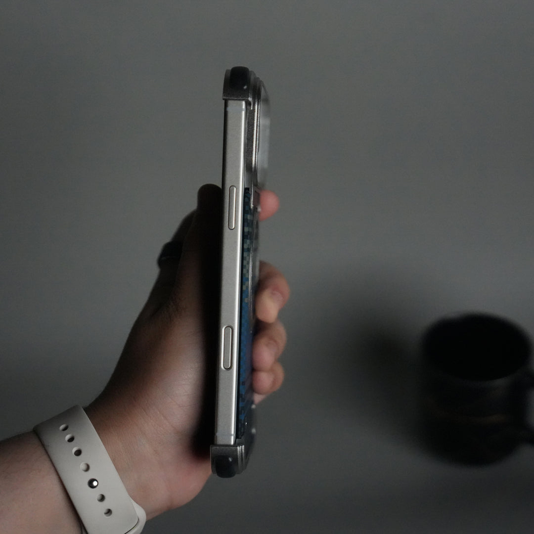 iPhone 17 Series Kevlar Fiber Texture Frameless Metal Kickstand Case