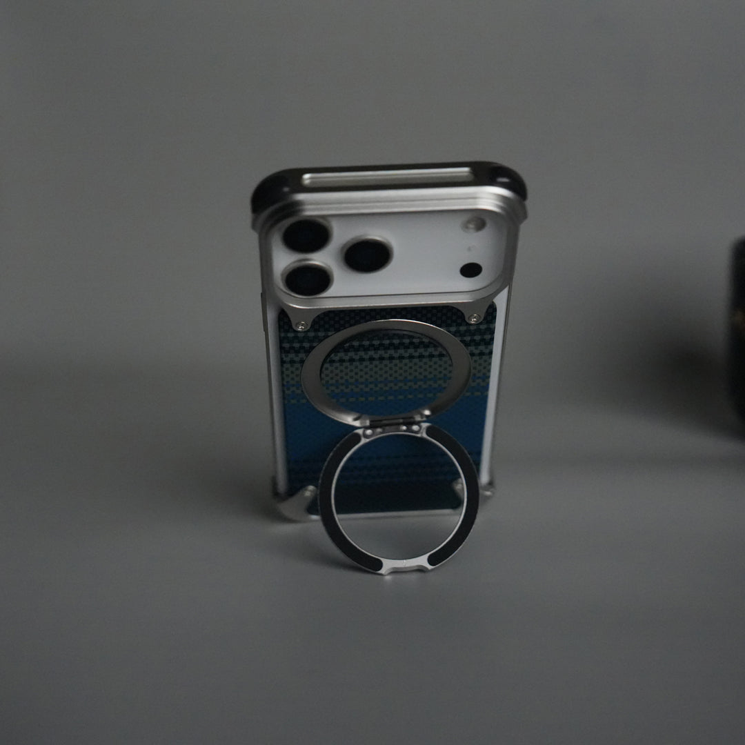 iPhone 17 Series Kevlar Fiber Texture Frameless Metal Kickstand Case