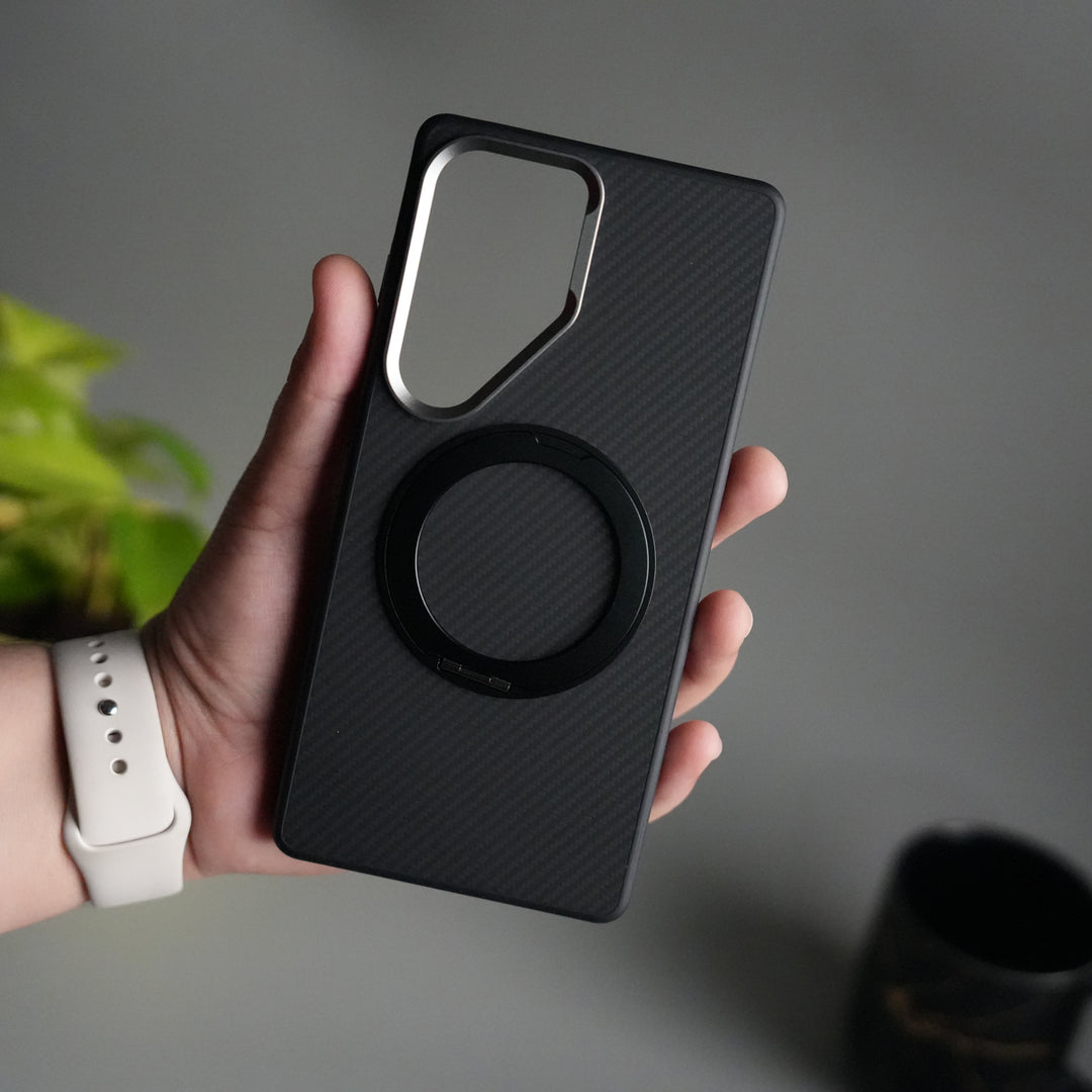Galaxy S25 Ultra CarbonShield Metal Camera Ring and Rotating Stand Case