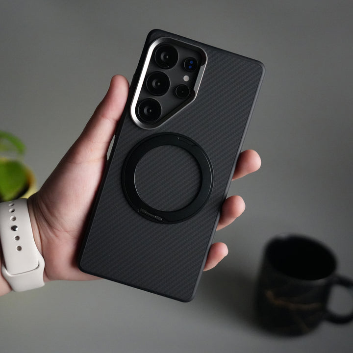 Galaxy S25 Ultra CarbonShield Metal Camera Ring and Rotating Stand Case
