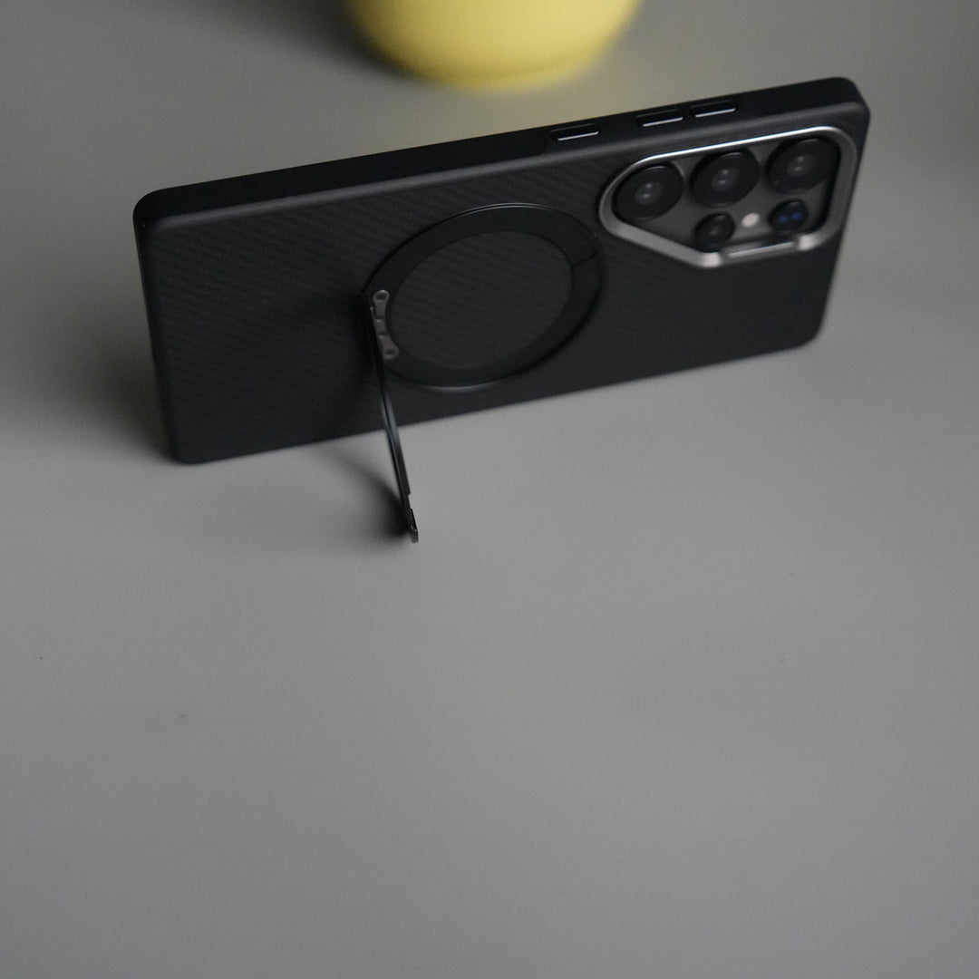 Galaxy S25 Ultra CarbonShield Metal Camera Ring and Rotating Stand Case