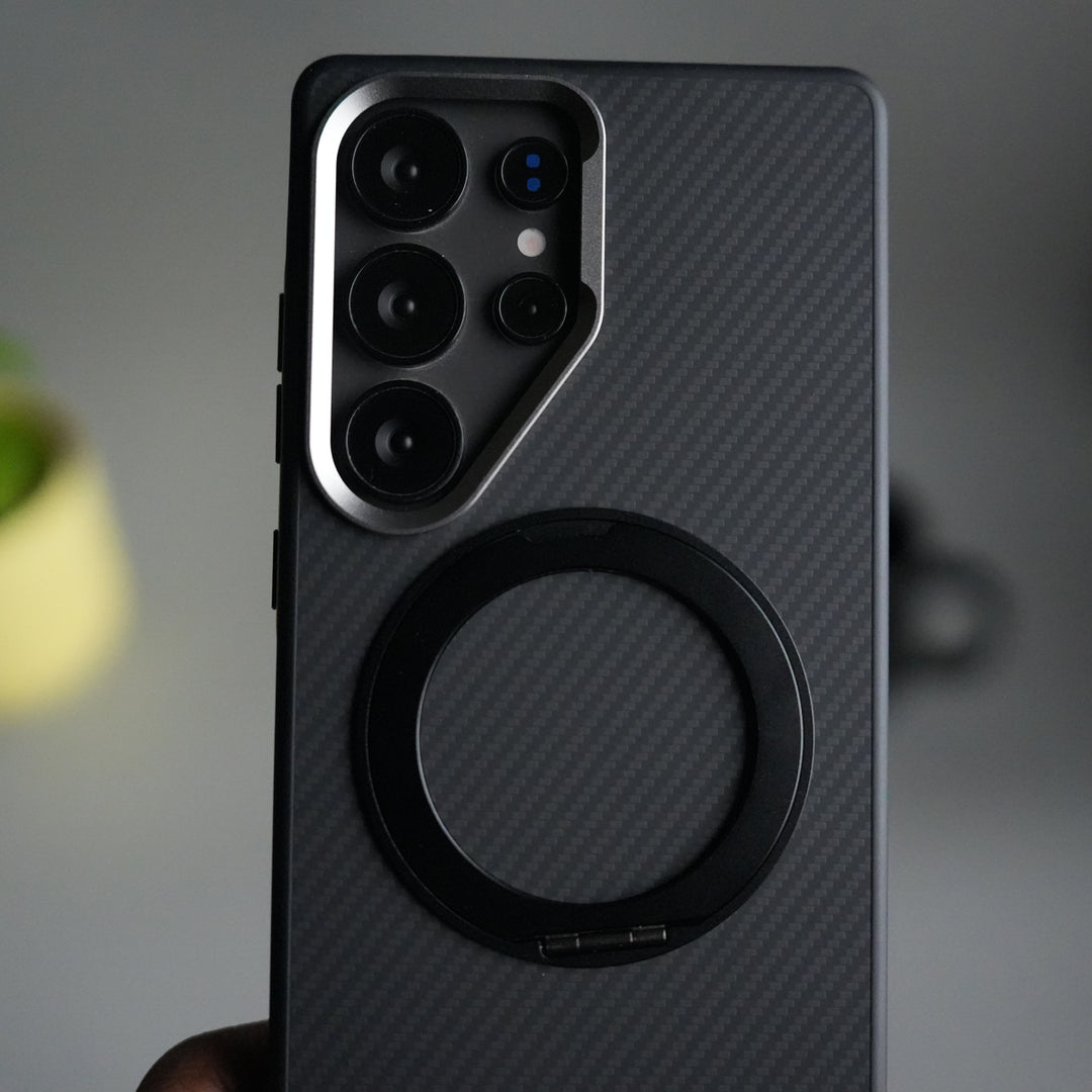 Galaxy S25 Ultra CarbonShield Metal Camera Ring and Rotating Stand Case