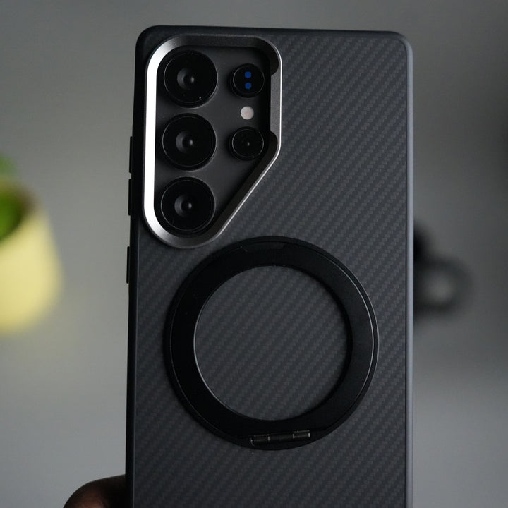 Galaxy S25 Ultra CarbonShield Metal Camera Ring and Rotating Stand Case