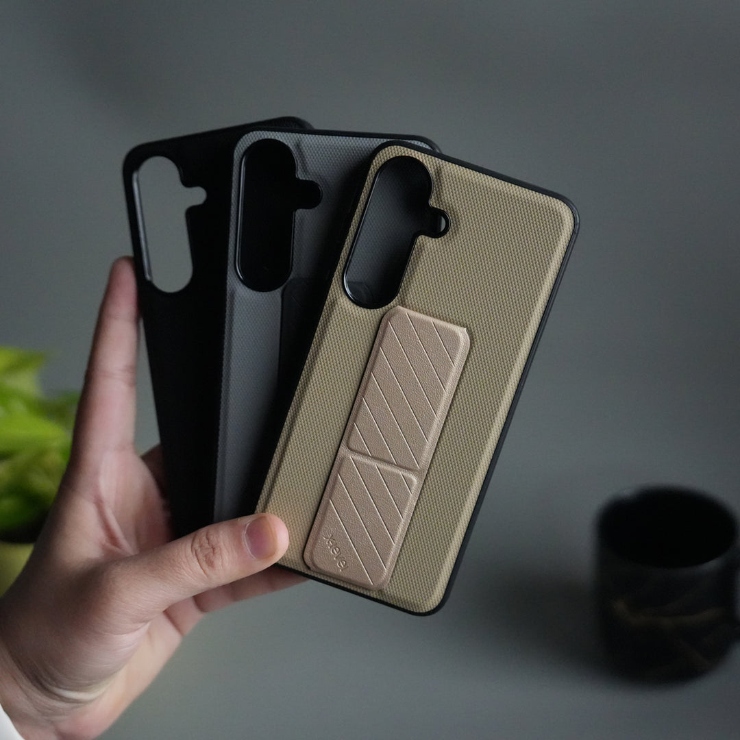 Galaxy S24 GripStand Hybrid Case | Textured Anti-Slip Back with Foldable Kickstand & Secure Hand Strap