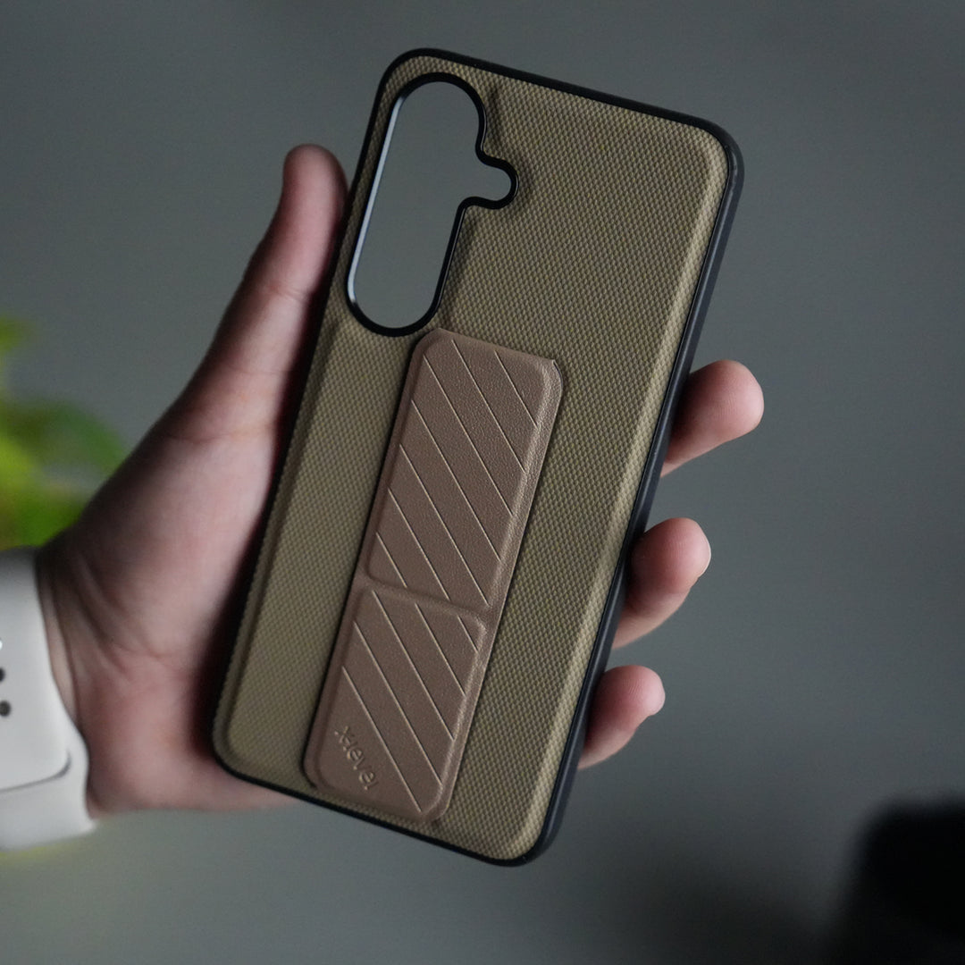 Galaxy S24 GripStand Hybrid Case | Textured Anti-Slip Back with Foldable Kickstand & Secure Hand Strap