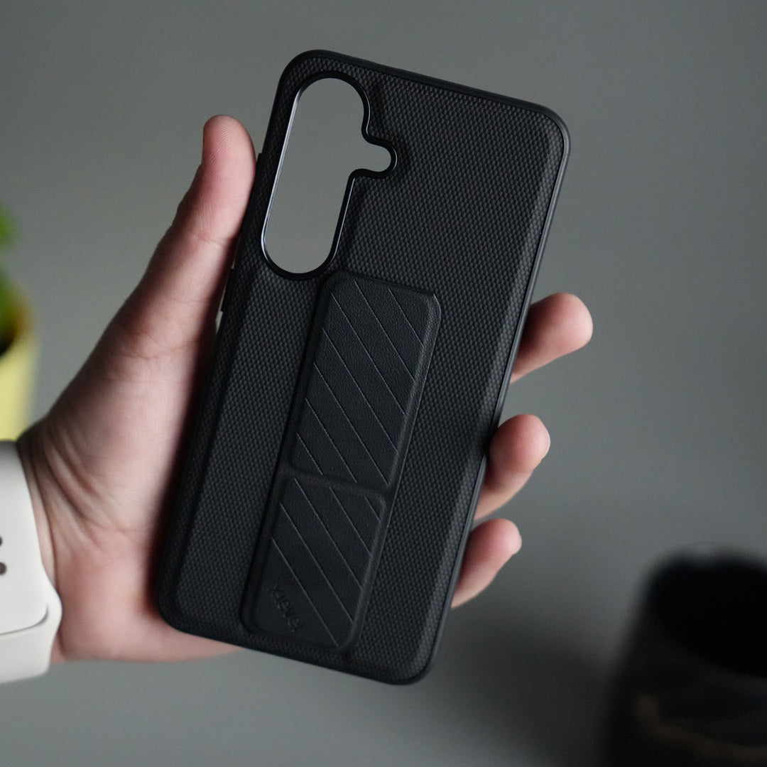Galaxy S24 GripStand Hybrid Case | Textured Anti-Slip Back with Foldable Kickstand & Secure Hand Strap