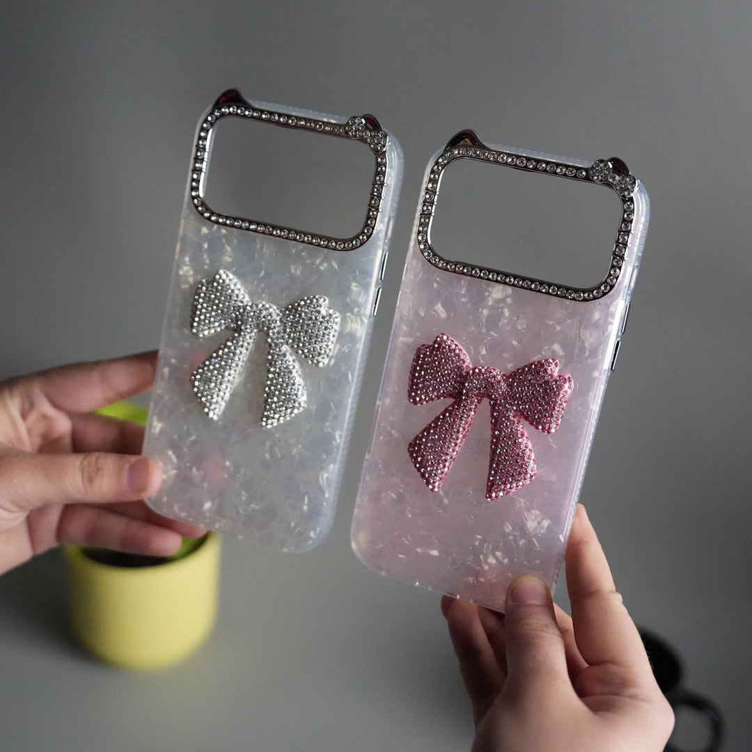 iPhone 17 Pro Marble Design Case | Luxury Rhinestone Camera Frame & 3D Diamond Bow Cover