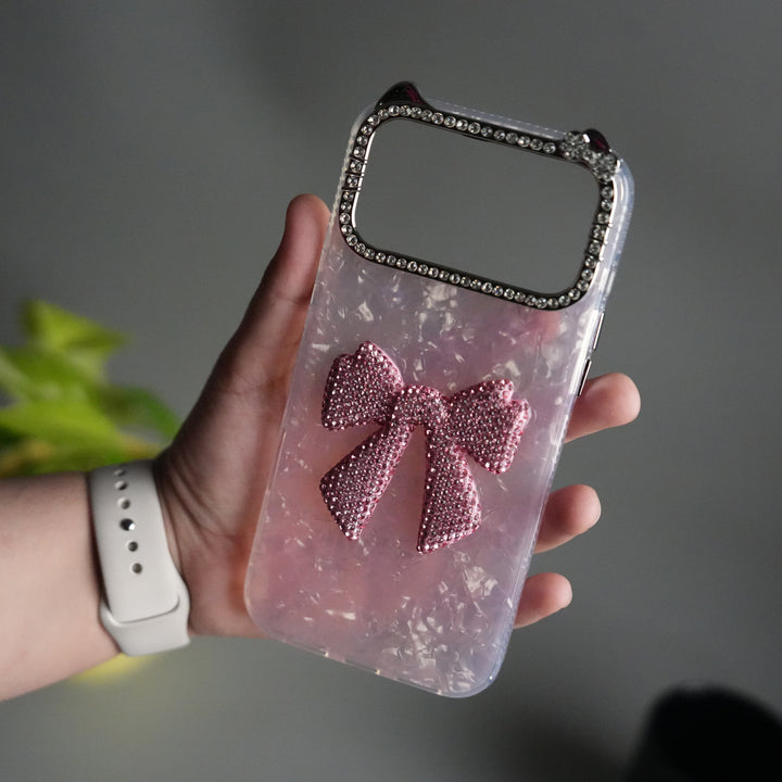 iPhone 17 Pro Marble Design Case | Luxury Rhinestone Camera Frame & 3D Diamond Bow Cover