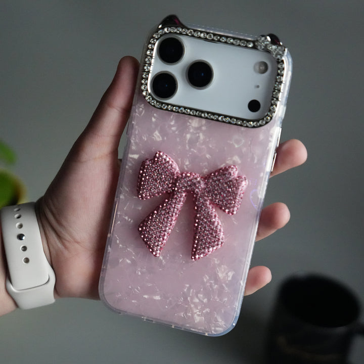 iPhone 17 Pro Marble Design Case | Luxury Rhinestone Camera Frame & 3D Diamond Bow Cover