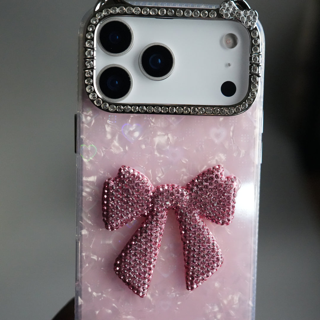 iPhone 17 Pro Marble Design Case | Luxury Rhinestone Camera Frame & 3D Diamond Bow Cover